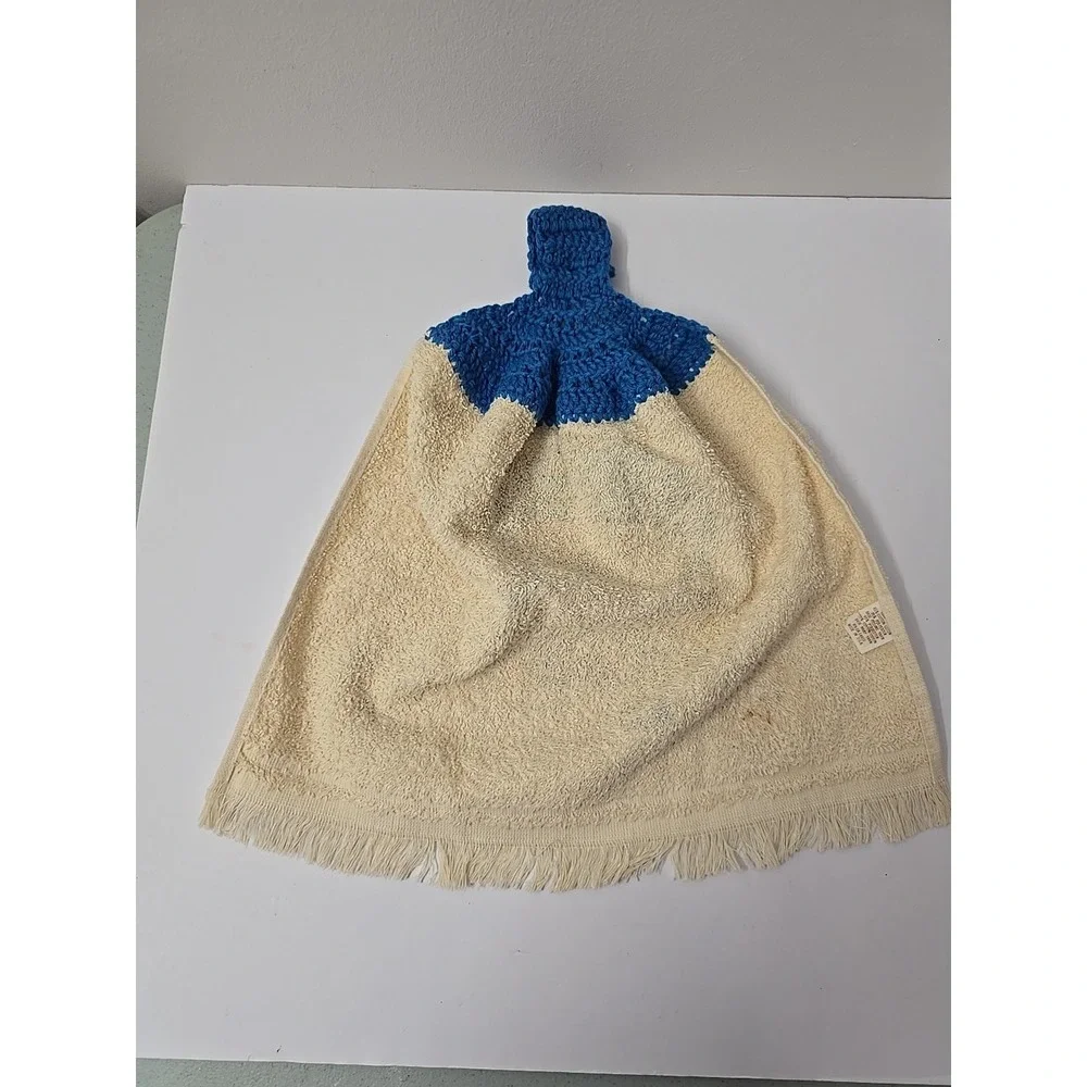 VTG Mushroom RAB Blue Crochet Hanging Dish Towel READ